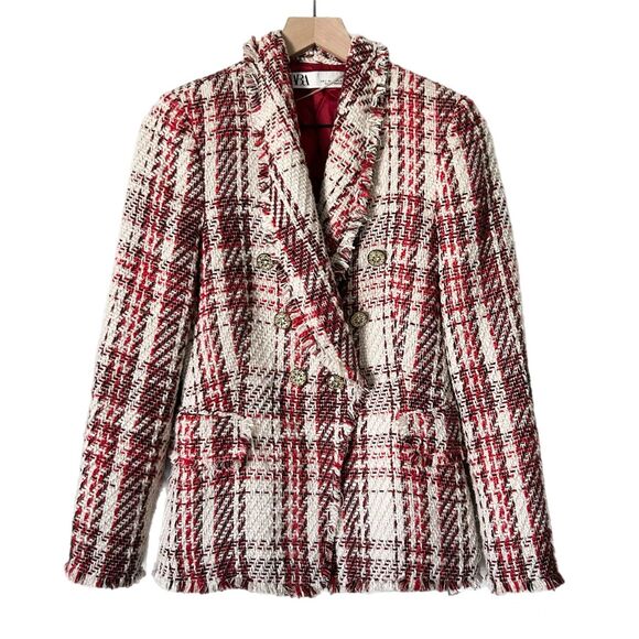 Zara Double-Breasted Red Tweed Blazer Jacket Jewel Buttons Size Small - Picture 2 of 6